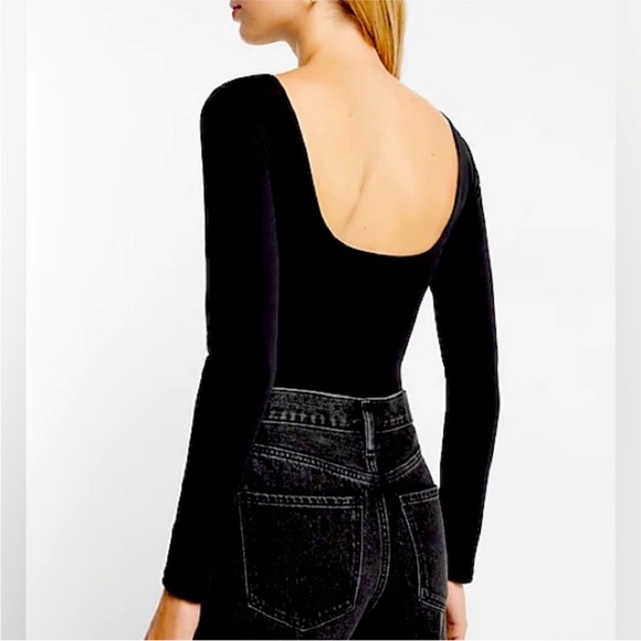 Express | Body Contour High Compression Long Sleeve Scoop Back Bodysuit, Black - Picture 1 of 7